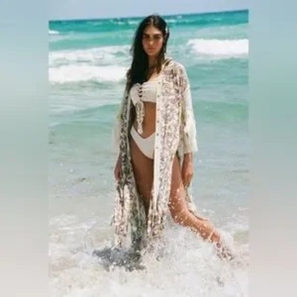 Free People Watching Waves Maxi Shirt Cover-up Oversized Aquamarine Boho Size XS - Picture 12 of 14